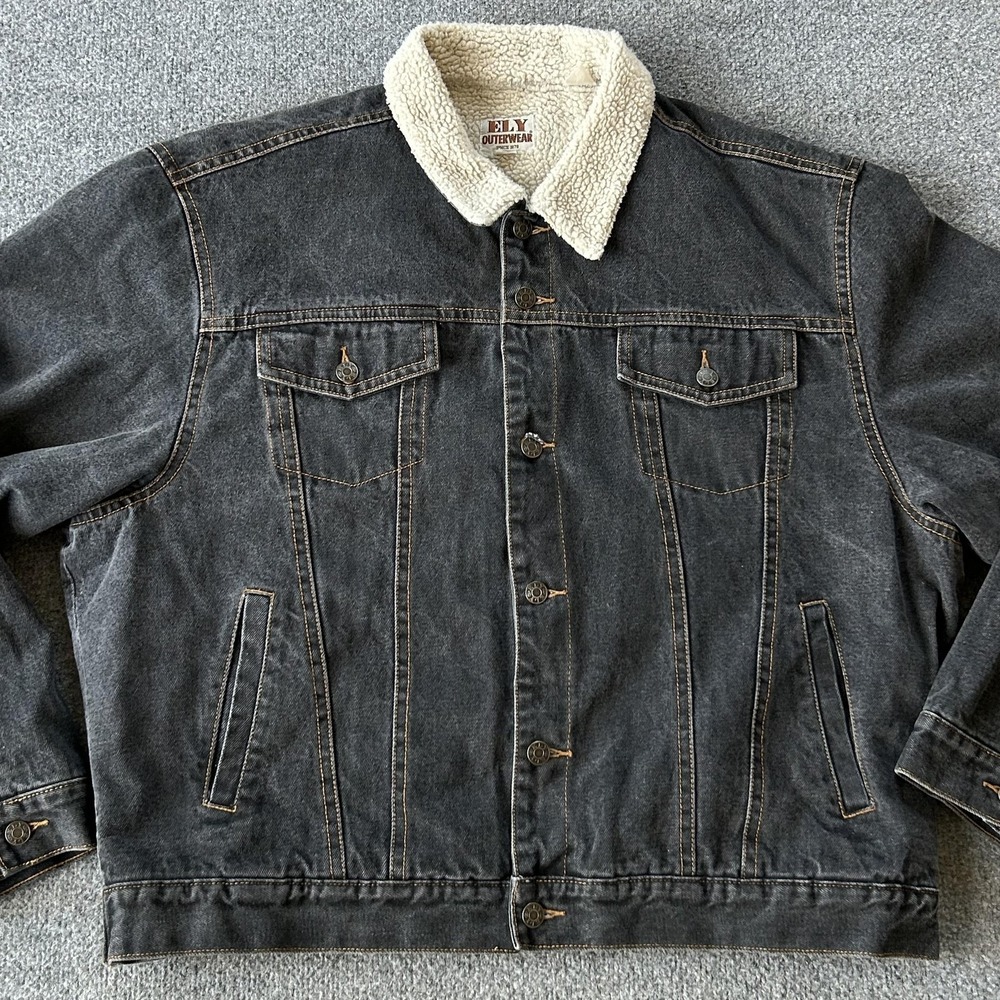 Ely Jacket Mens 2XL Black Sherpa Lined Denim‎ Trucker Western Workwear Vintage